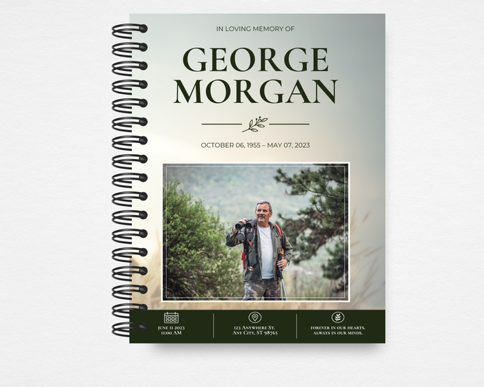 Misty outdoor scene with teal bicycle and guitar in golden-hour light, bold serif name and dates on soft green background, dark forest green footer with service details