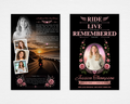 Wild Rose funeral program cover — black background, pink roses and winged heart frame, oval portrait, bold RIDE LIVE REMEMBERED typography, coastal highway sunset interior with photo collage and Ride On Forever Free closing