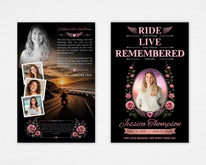 Wild Rose funeral program cover — black background, pink roses and winged heart frame, oval portrait, bold RIDE LIVE REMEMBERED typography, coastal highway sunset interior with photo collage and Ride On Forever Free closing