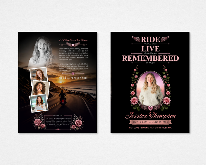 Wild Rose funeral program front and back — black background, pink roses and winged heart frame, oval portrait, bold RIDE LIVE REMEMBERED typography, coastal highway sunset interior with photo collage and Ride On Forever Free closing (tabloid)