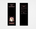 Wild Rose memorial bookmark — black background with pink rose clusters, oval portrait photo placeholder with winged heart emblem, bold pink script name and dates on front; back with tribute text — front and back