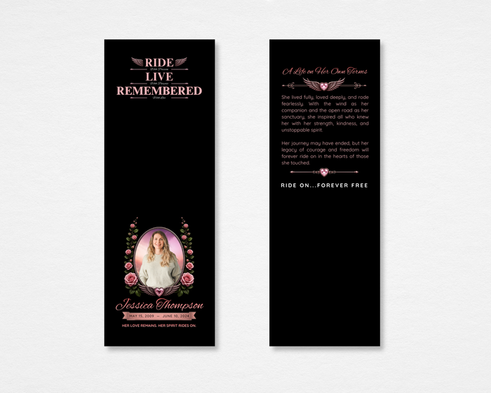 Wild Rose memorial bookmark — black background with pink rose clusters, oval portrait photo placeholder with winged heart emblem, bold pink script name and dates on front; back with tribute text — front and back