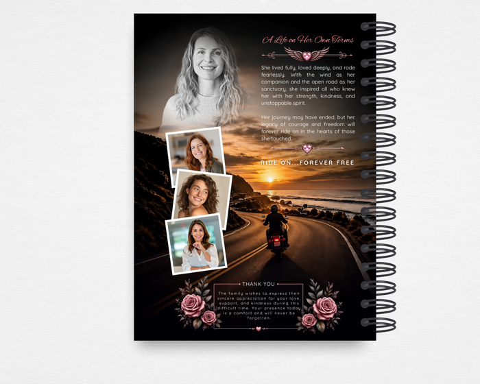 Wild Rose memorial guest book back cover — black background with coastal highway sunset motorcycle scene, stacked photo collage, "A Life on Her Own Terms" tribute text, "Ride On...Forever Free" tagline, and pink rose accents — Standard size
