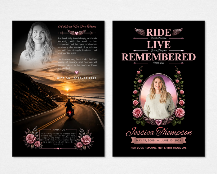 Wild Rose memorial thank you card — black background with pink rose clusters, oval portrait photo placeholder with winged heart emblem, bold pink script name and dates on front; back with thank you message — front and back